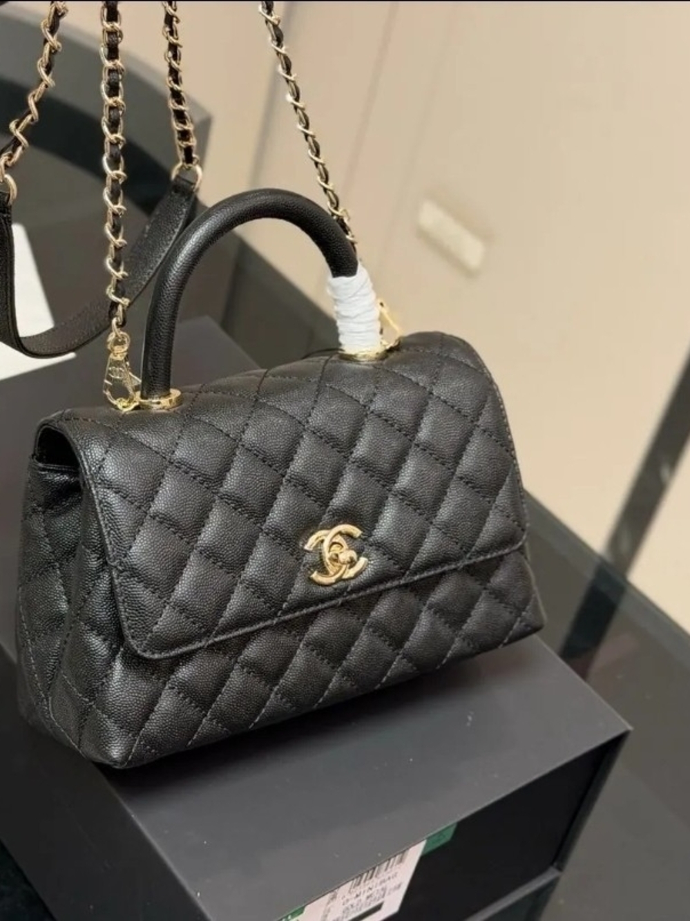 Black Quilted Mini Top-Handle Bag with Gold